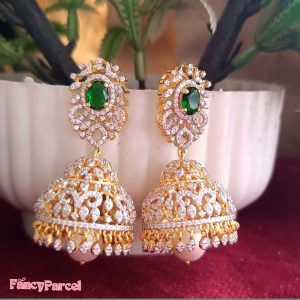 EMERALD CZ JHUMKA EARRINGS WITH PEARL DETAIL - Image 2