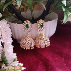EMERALD CZ JHUMKA EARRINGS WITH PEARL DETAIL - Image 1